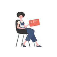 A woman sits in a chair and holds a panel with analyzers and indicators in her hands. Internet of things concept. Isolated. Vector illustration.