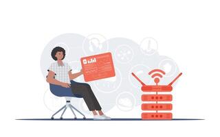 iot concepto. un hombre se sienta en un silla y sostiene un panel con analizadores y indicadores en su manos. bueno para sitios web y presentaciones vector ilustración en plano estilo.