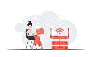 iot concepto. un mujer se sienta en un silla y sostiene un panel con analizadores y indicadores en su manos. bueno para sitios web y presentaciones vector ilustración.