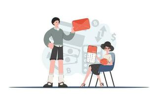 A man and a woman hold a calculator and an envelope in their hands. Cash contribution. Element for presentation. vector