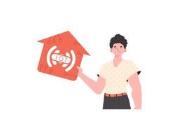 Internet of things concept. The guy is shown to the waist. A man holds an icon of a house in his hands. Isolated. illustration in flat style. vector