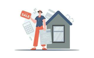 A man holds documents and a sign in his hands for sale. Selling a house or real estate. trendy style. Vector illustration.