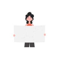 A woman stands waist-deep and shows an empty sheet. Isolated. Flat style. Element for presentations, sites. vector