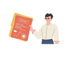 The man is holding a contract. The character is depicted to the waist. Isolated on white background. Trend style, vector illustration.
