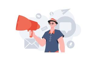 A man stands waist-deep in his hands with a megaphone. Search. Element for presentation. vector