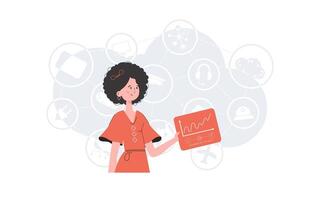 iot concepto. un mujer sostiene un panel con analizadores y indicadores en su manos. bueno para sitios web y presentaciones de moda plano estilo. vector. vector