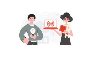 The girl and the guy are a team in the field of Internet of things. IoT concept. Good for websites and presentations. Trendy flat style. Vector. vector