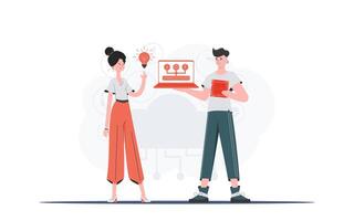 The girl and the guy are a team in the field of Internet of things. Internet of things concept. Good for websites and presentations. Vector illustration.