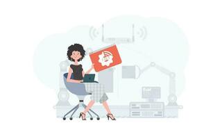 A woman is holding an internet thing icon in her hands. IoT concept. Good for websites and presentations. Trendy flat style. Vector. vector