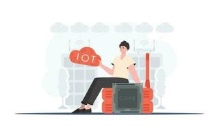 Internet of things concept. The guy sits on the router and holds the internet of things logo in his hands. Vector illustration.