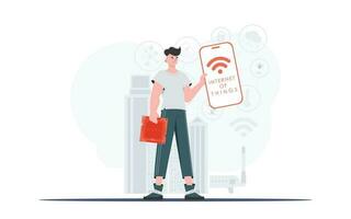 IoT concept. The guy is holding a phone with the IoT logo in his hands. Trendy flat style. Vector illustration.