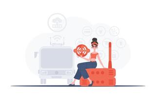 Internet of things concept. A woman holds the internet of things logo in her hands. Router and server. Good for presentations and websites. Trendy flat style. Vector illustration.