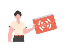 A man holds an IoT logo in his hands. Internet of things concept. Isolated. Vector illustration in flat style.