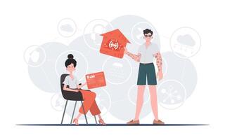 Internet of things concept. A man and a woman are a team in the field of the Internet of things. Good for websites and presentations. illustration in flat style. vector