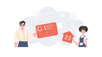 IoT concept. The girl and the guy are a team in the field of Internet of things. Good for websites and presentations. illustration in trendy flat style. vector