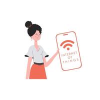 A woman holds a phone with the IoT logo in her hands. IOT and automation concept. Vector illustration in trendy flat style.