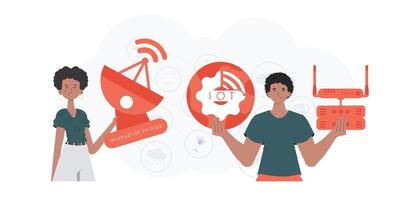 iot y automatización concepto. un hombre y un mujer son un equipo en el campo de el Internet de cosas. bueno para sitios web y presentaciones de moda plano estilo. vector. vector