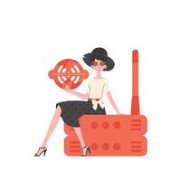 un mujer es participación un Internet cosa icono en su manos. enrutador y servidor. Internet de cosas concepto. aislado. de moda plano estilo. vector ilustración.