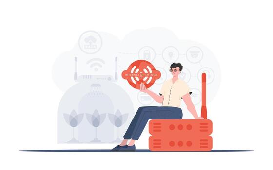 IoT concept. A man is holding an internet thing icon in her hands. Router and server. Good for websites and presentations. Trendy flat style. Vector illustration.
