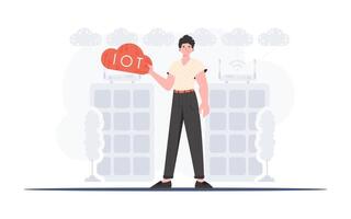 The guy is holding an internet thing icon in his hands. IoT concept. Good for websites and presentations. Vector illustration.