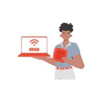 A man holds a laptop and a processor chip in his hands. IOT and automation concept. Isolated. Vector illustration in flat style.