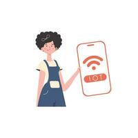 The girl is holding a phone with the IoT logo in her hands. Internet of things concept. Vector illustration in trendy flat style.