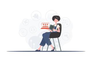 A woman holds a laptop and a processor chip in her hands. IoT concept. Vector illustration in flat style.