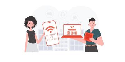 IOT and automation concept. The girl and the guy are a team in the field of IoT. Good for presentations and websites. Trendy flat style. Vector. vector