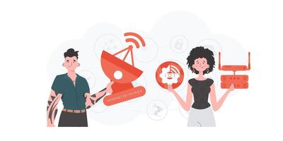 Internet de cosas y automatización concepto. el niña y el chico son un equipo en el campo de iot bueno para presentaciones y sitios web de moda plano estilo. vector. vector