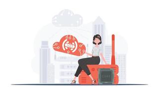 iot concepto. un mujer se sienta en un enrutador y sostiene el Internet de cosas logo en su manos. vector ilustración en plano estilo.