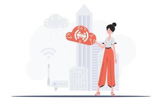 A woman is holding an internet thing icon in her hands. IOT and automation concept. Good for presentations and websites. Vector illustration in trendy flat style.