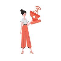 Internet of things and automation concept. A woman holds a satellite dish in her hands. Isolated on white background. Trendy flat style. illustration. vector