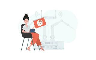 un mujer es participación un Internet cosa icono en su manos. iot concepto. bueno para sitios web y presentaciones vector ilustración en de moda plano estilo.