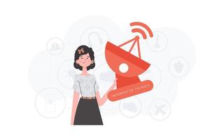 A woman holds a satellite dish in her hands. IOT and automation concept. Good for presentations, websites and typography. Vector illustration in flat style.