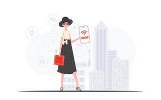 IOT and automation concept. A woman holds a phone with the IoT logo in her hands. Vector. vector