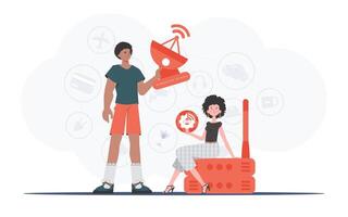 IoT concept. The girl and the guy are a team in the field of IoT. Good for presentations and websites. Trendy flat style. Vector. vector