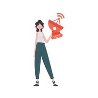 IOT and automation concept. A woman holds a satellite dish in her hands. Isolated on white background. illustration in trendy flat style. vector