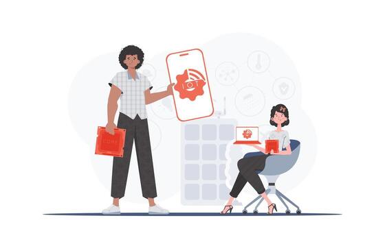 IOT and automation concept. The girl and the guy are a team in the field of Internet of things. Good for presentations and websites. Trendy flat style. . vector