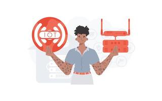 IoT concept. A man holds the internet of things logo in her hands. Router and server. Good for websites and presentations. Vector illustration in trendy flat style.