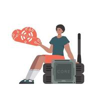 The guy sits on the router and holds the internet of things logo in his hands. Internet of things and automation concept. Isolated. Vector illustration in trendy flat style.