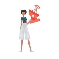 IOT and automation concept. A woman holds a satellite dish in her hands. Isolated. Vector illustration in flat style.