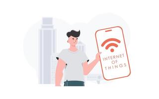 Internet of things and automation concept. The guy is holding a phone with the IoT logo in his hands. Vector. vector