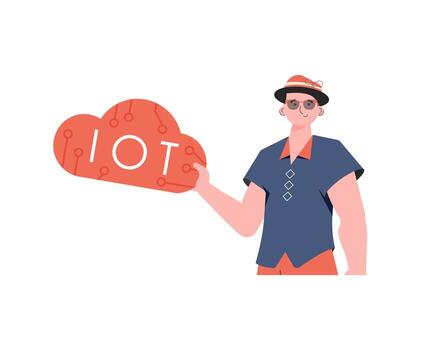 A man is holding an IoT icon in his hands. Internet of things and automation concept. Isolated. illustration in flat style. vector