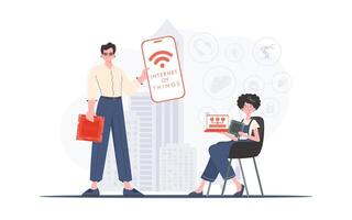 IOT and automation concept. A man and a woman are a team in the field of the Internet of things. Good for presentations and websites. Trendy flat style. . vector