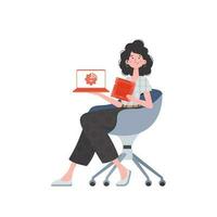 A woman holds a laptop and a processor chip in her hands. Internet of things and automation concept. Isolated. Trendy flat style. Vector illustration.
