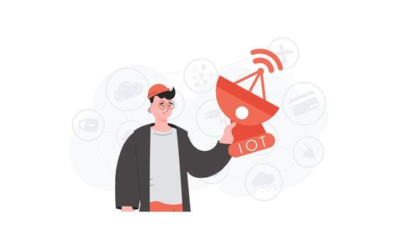 un hombre sostiene un satélite plato en su manos. iot y automatización concepto. bueno para presentaciones, sitios web y tipografía. de moda plano estilo. vector ilustración.