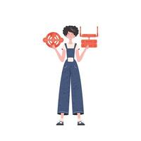 un mujer es participación un Internet cosa icono en su manos. enrutador y servidor. Internet de cosas concepto. aislado. de moda plano estilo. vector ilustración.