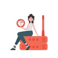 A woman is holding an internet thing icon in her hands. Router and server. Internet of things concept. Isolated. Vector illustration in flat style.