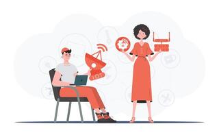 Internet of things and automation concept. The girl and the guy are a team in the field of Internet of things. Good for presentations and websites. Vector illustration in flat style.