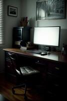 A Desk With A Computer On Top Of It. photo